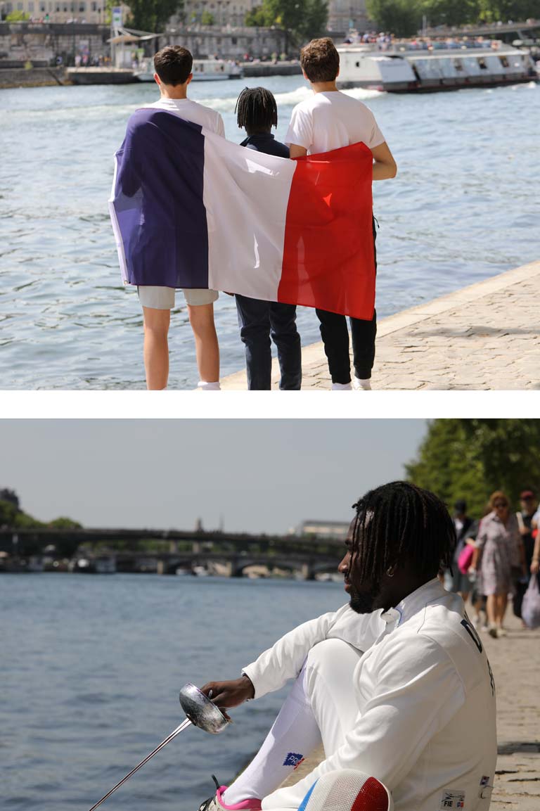 Drapeau français et Diané au bord de la Seine