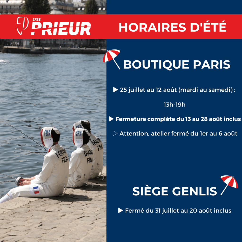 Horaires d'été Boutique Paris : - 25 juillet au 12 août (mardi au samedi) : 13h-19h - Fermeture complète du 13 au 28 août inclus - Attention, atelier fermé du 1er au 6 août Siège Genlis : Fermé du 31 juillet au 20 août inclus